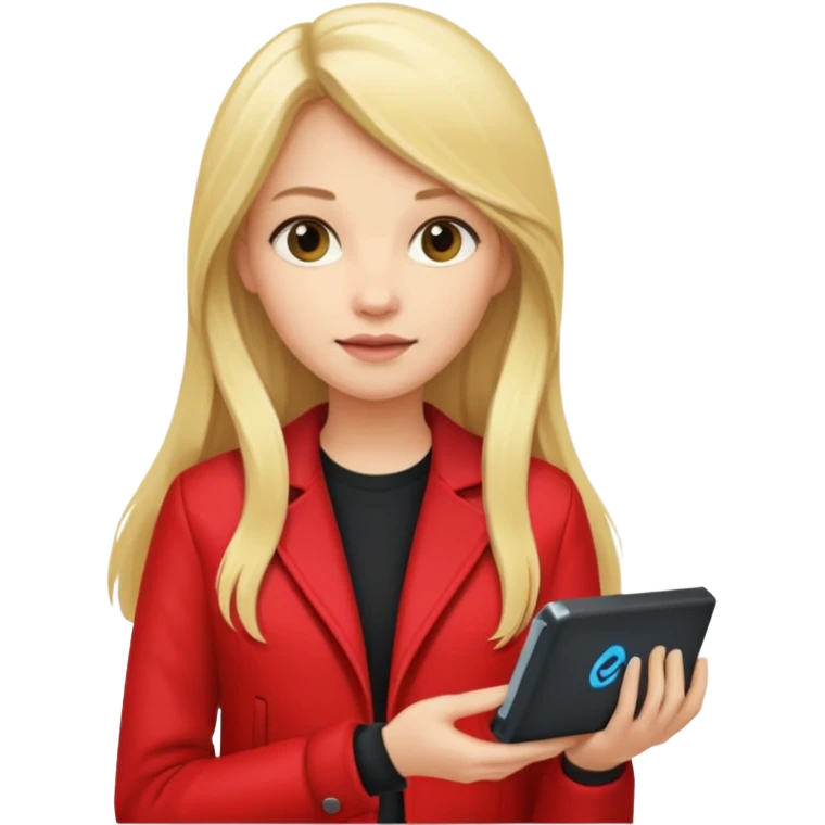 mujer  joven rubia con pelo largo y saco rojo con modem de internet emoji