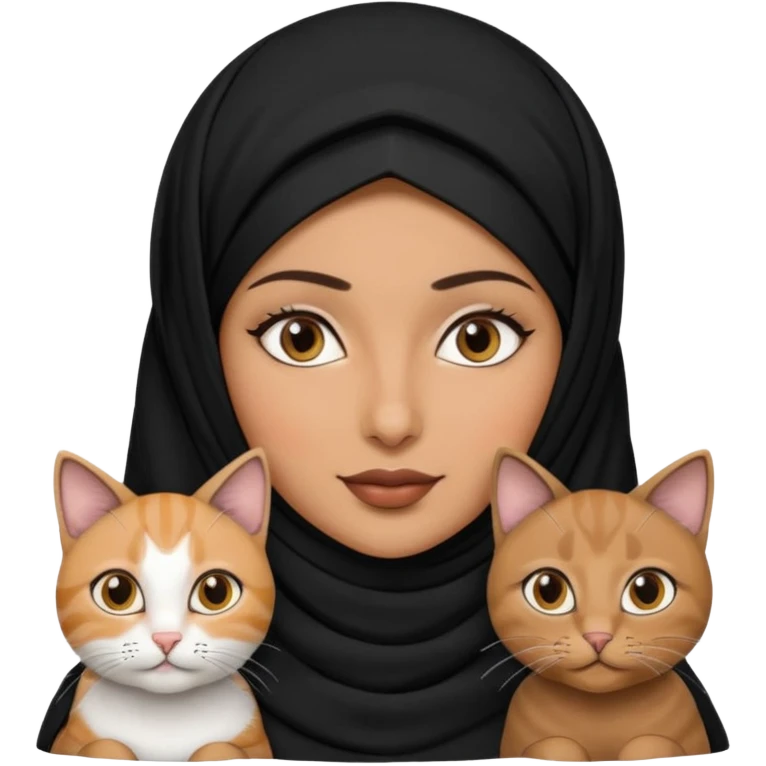 A Arabic woman human with brown eyes and black hijab. , the human is a human no cat ears, two cats, the both cats have the colour black and white in the same colour, not orange cat,  NO CAT EARS ON THE HUMAN ,  emoji