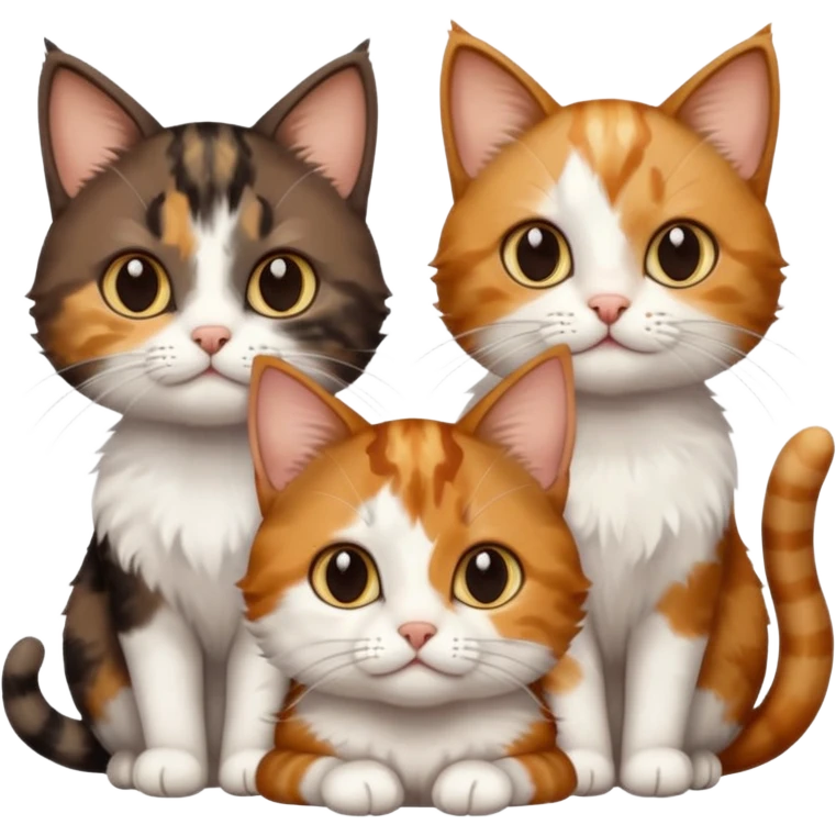 3 different coloured small cats including a dark brown tabby and white, and a patchy calico, and a ginger and white emoji
