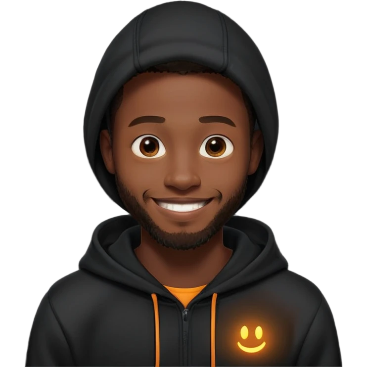 African yound man in his late 20s with a  bright smile with a short boxed beard, black hoody in Pixar cartoon style. with a skin glow emoji