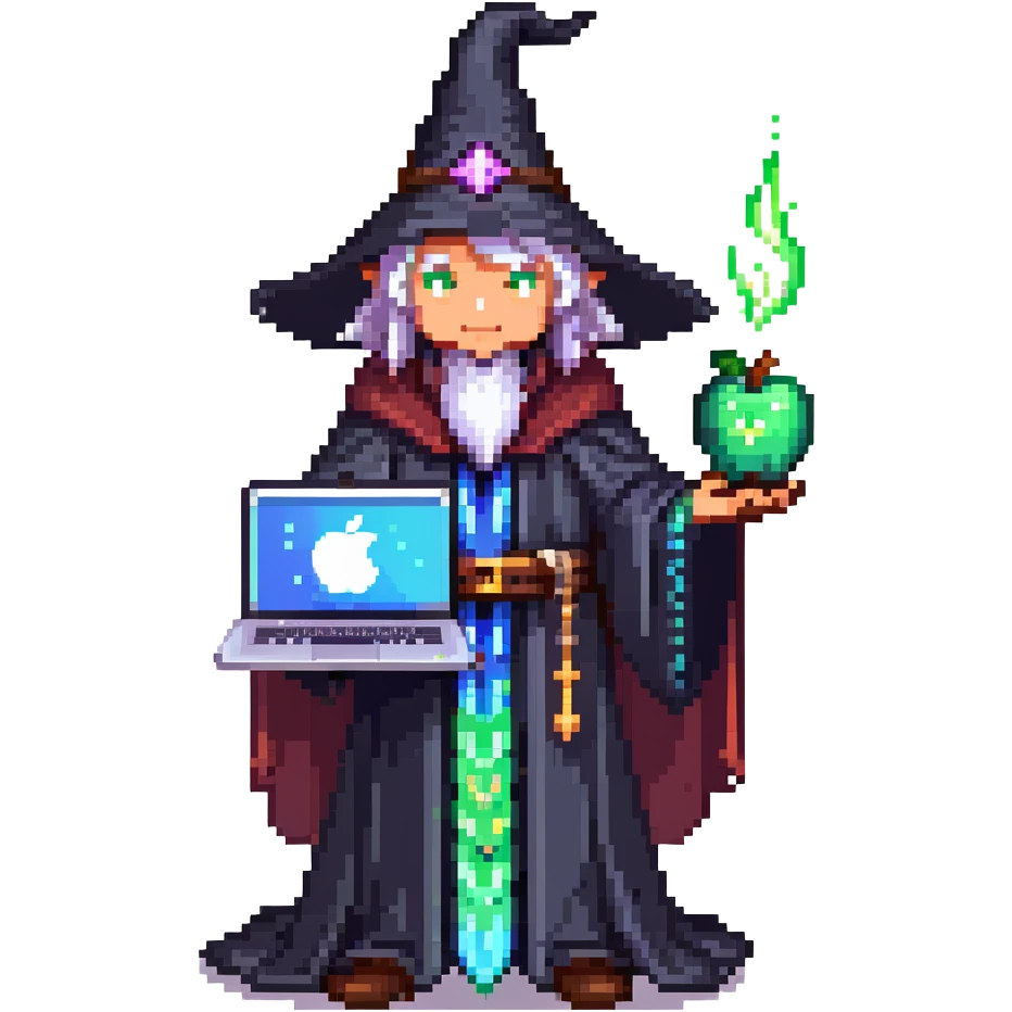 powerful wizard coding on an Apple laptop, glowing magical aura surrounding him, confident expression, looks like the ultimate boss of coding, wearing impressive dark robe emoji