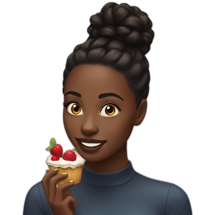 A black girl, black hair in a bun, eat cake spitting fruits emoji