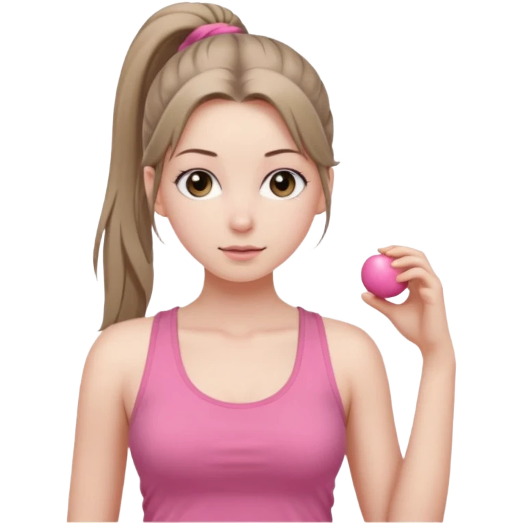 Девушка, бледная кожа, глаза серого цвета, светло русые, длинные волосы, собранные в хвост, розовая майка без рукавов, сиськи  emoji