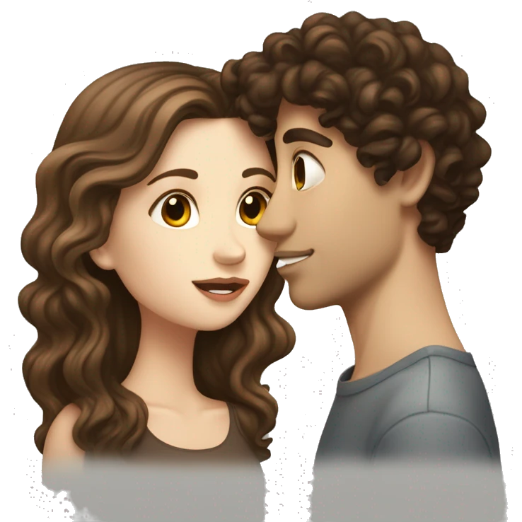 white girl with wavy brown long hair kissing a white boy with short curly dark brown hair emoji