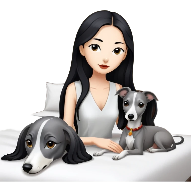 Very thin Chinese woman with long black hair relaxing in a luxurious hotel suite with exactly ONE whippet dog. EXTREME IMPORTANCE: the whippet must be ONE SOLID VERY DARK CHARCOAL GREY COLOR from nose to tail with ABSOLUTELY NO WHITE MARKINGS anywhere - NO white on face, NO white on muzzle, NO white on chest, NO white on paws, NO white on tail - NOTHING BUT A SINGLE SHADE OF VERY DARK GREY throughout the entire animal emoji