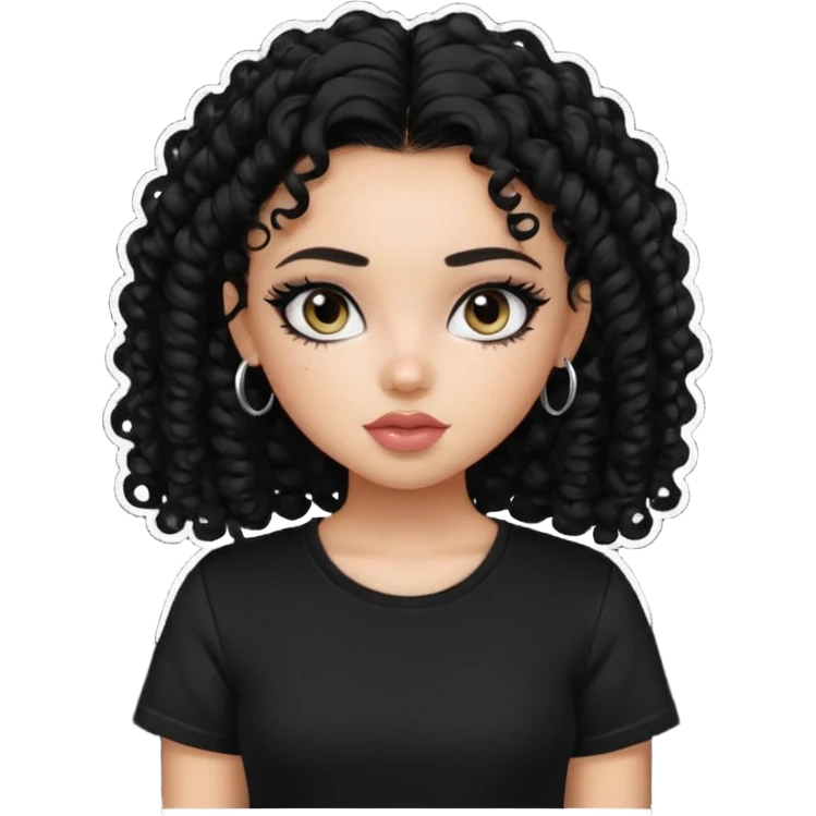 a pretty bratz girl with curly black hair, eyeliner, wearing a black tshirt emoji