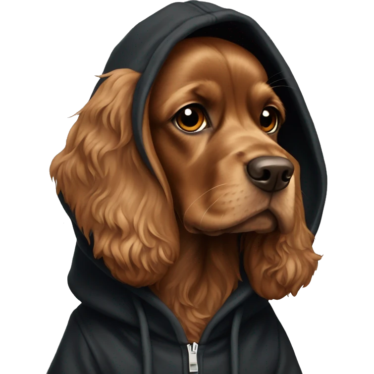 brown cocker spaniel wearing a black hoodie emoji