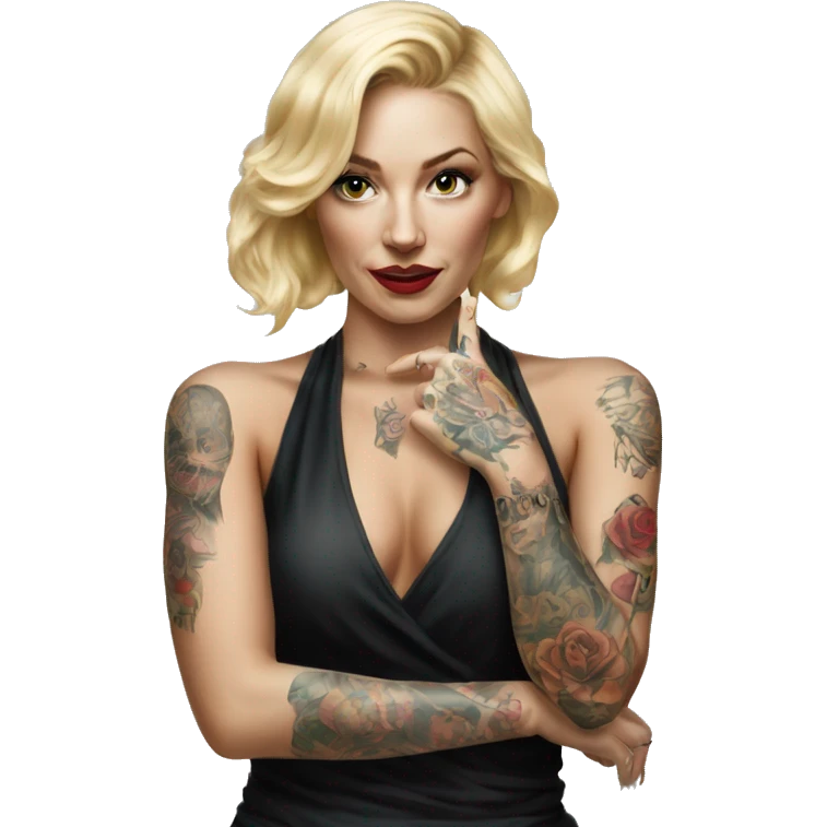 Blonde elegant women, her Body Covered with Tattoos, POINTING YOU with her HAND , Hyper realistic emoji