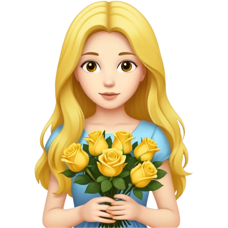 Beautiful girl with long hair holding a bouquet of yellow roses emoji