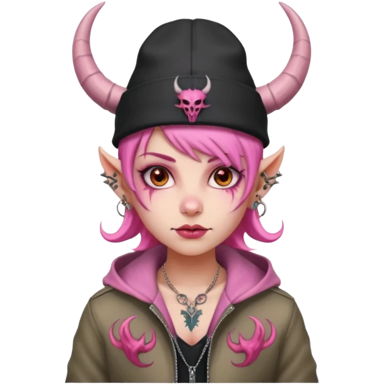 pink girl demon with tattoos, hat, jacket and horns emoji