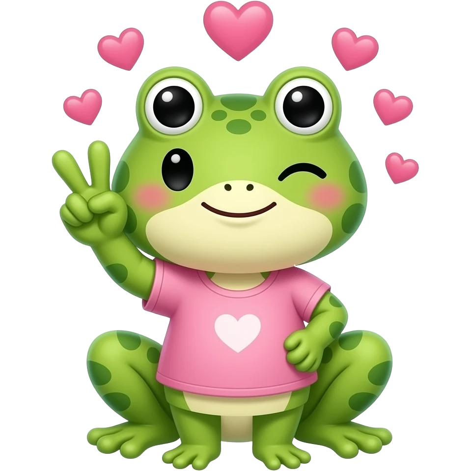 kawaii frog winking and holding up the peace sign, with hearts around her head emoji