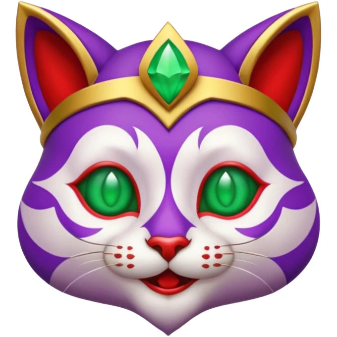 crazy colorful cute little cat jolly joker from poker, medieval, vintage, court jester, mac os icon, purple, gold and red color, half body, emerald green ice eyes. Squared shape as 3D mac os icon, symmetrical emoji