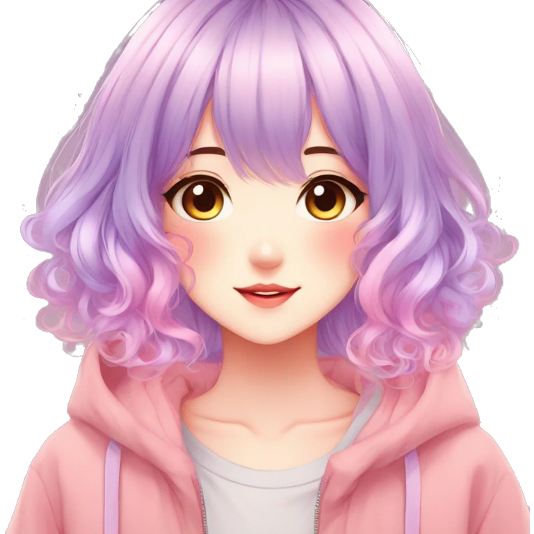 Gorgeous anime style shojo character with blushing face aesthetic and pretty colorful shiny gradient pastel hair with hair garment trending style emoji