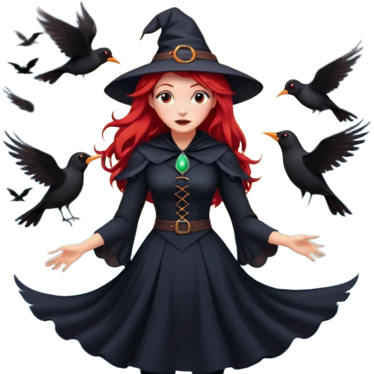 witch with red hair flying , on the background - full moon and black birds emoji