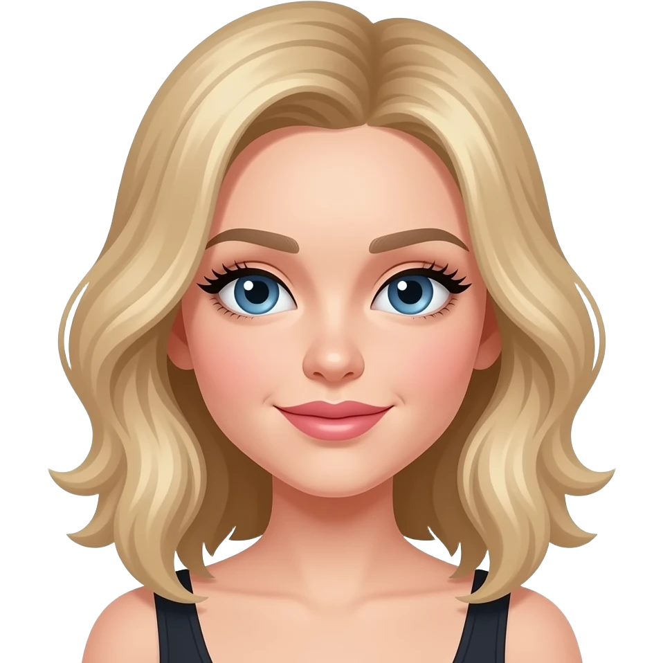 a girl with medium blonde hair and blue eyes, black eyelashes, pink lips emoji