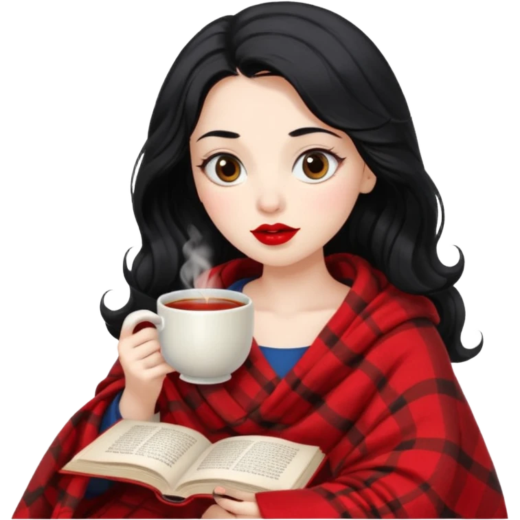Long wavy Black haired, white skinned, dark big eyed girl with red lipstick wrapped in a blanket, sipping tea and reading a book emoji