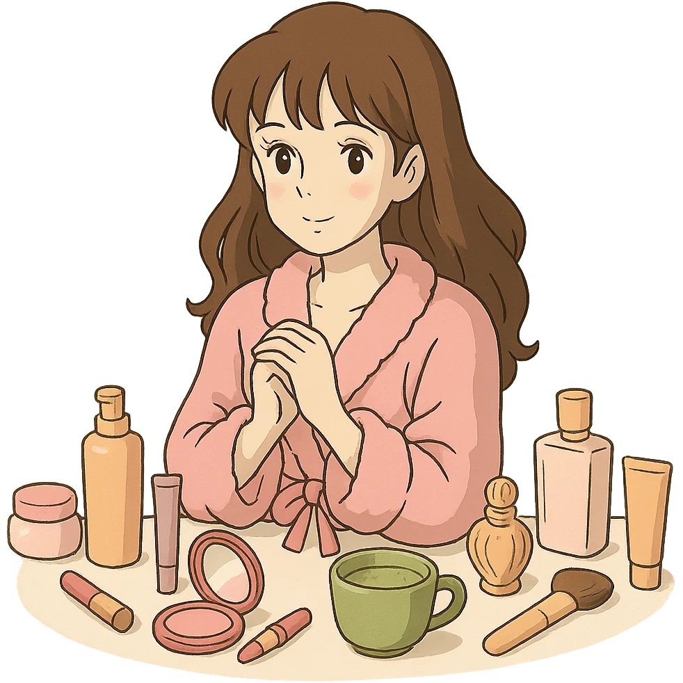 girly girl in pink robe, surrounded by beauty products and matcha emoji