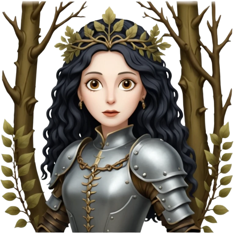 realistic cinematic actress Cher in baroque styling with dirty armor in a forest emoji