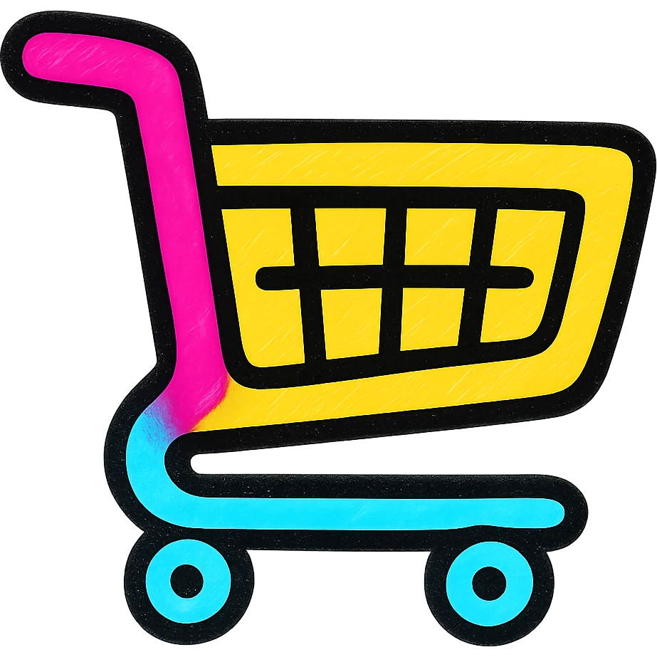 Create a cartoon shopping cart in the same style as the referenced present: bold outlines, vibrant colors, playful and shiny appearance, no text, transparent background. emoji