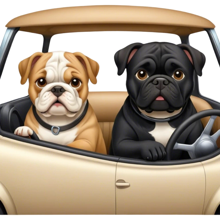A bulldog and a black lab driving a car emoji