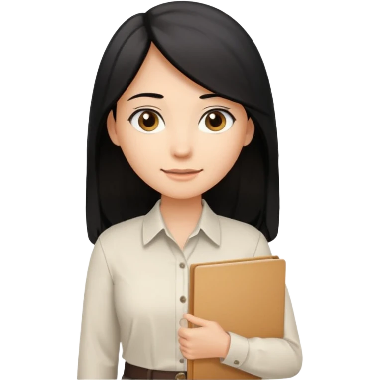 a light tan woman with long black hair past mid-back, round brown eyes, white button up shirt. holding manila folder emoji