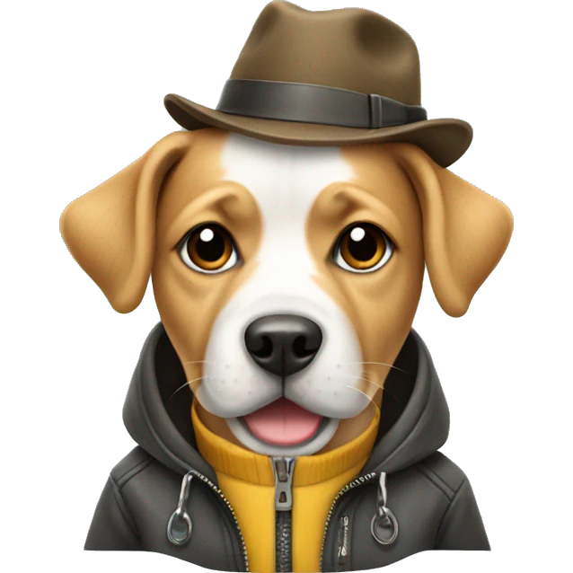 Dog wearing a hat and a jacket with a zipper emoji
