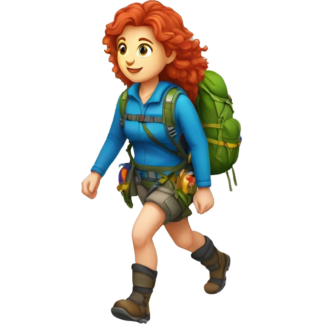Female mountain climber red hair climbing, Greek flag on backpack and holding Easter eggs basket emoji