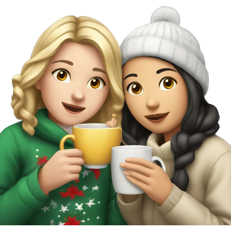 Caucasian girl and Asian girl drinking tea at Christmas time emoji