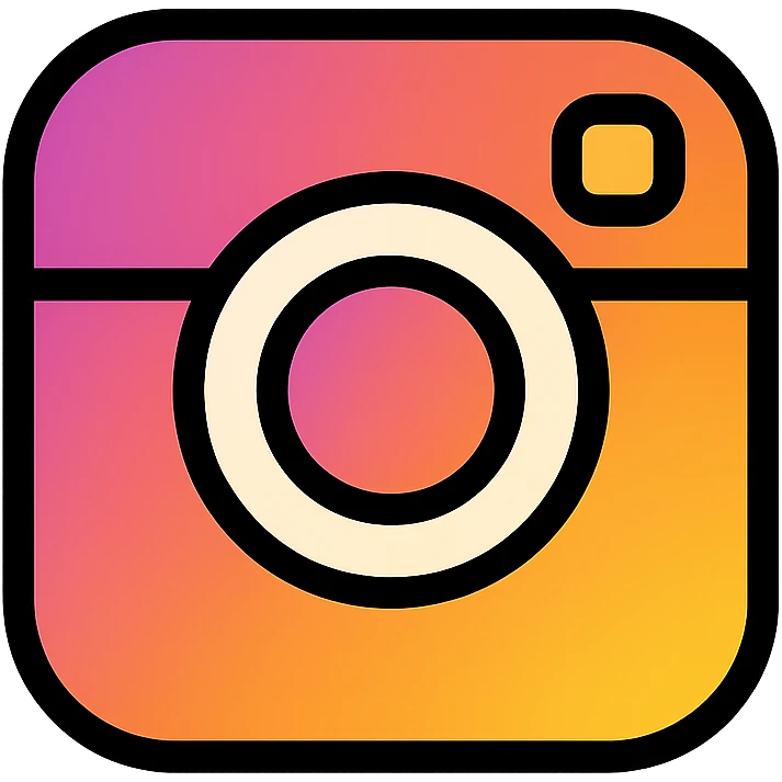 instagram logo, classic camera shape, gradient colors, black outlines emoji