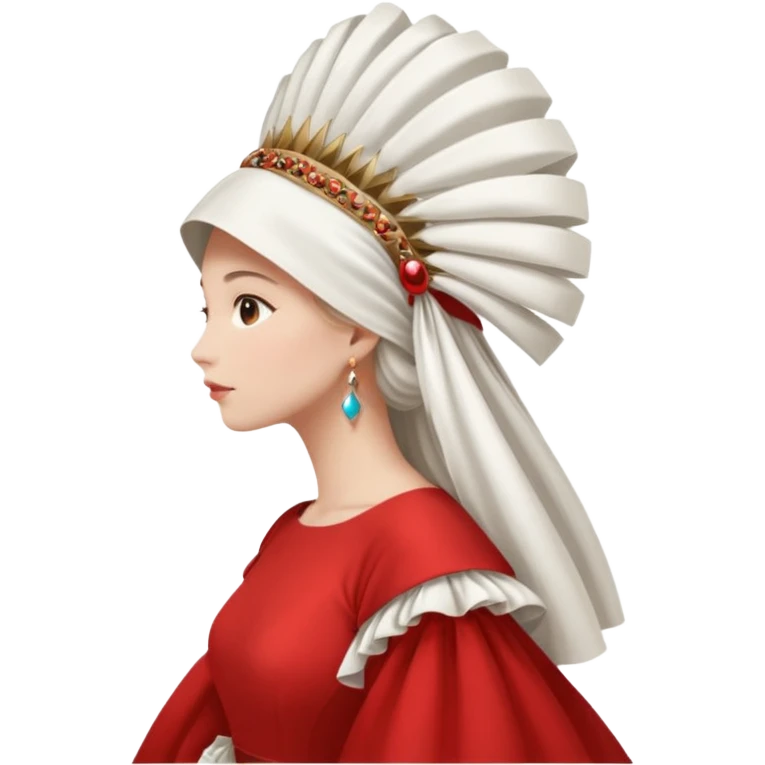 mujer de perfil con un vestido rojo de manga y falsas largas y voluptosas, y una toca blanca GRANDE que cubre su cara de perfil emoji
