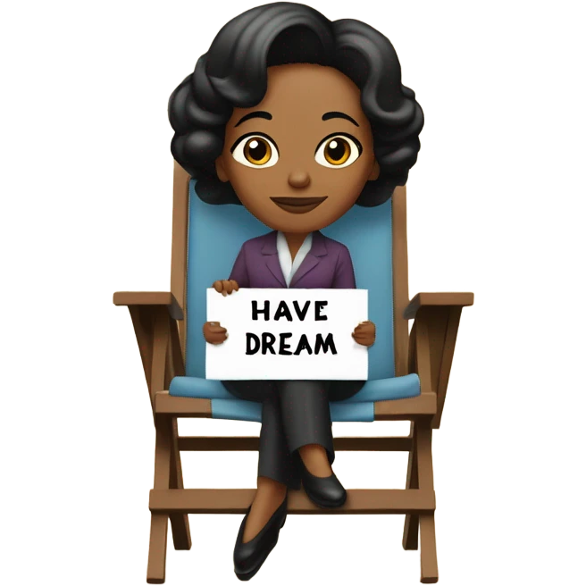 Coretta Scott sitting in a folding chair holding a sign that says I Have A Dream emoji