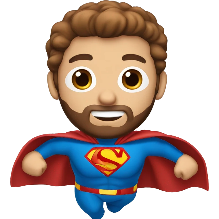 Flying superman with redish brownish hair, blue eyes, trimmed beard emoji