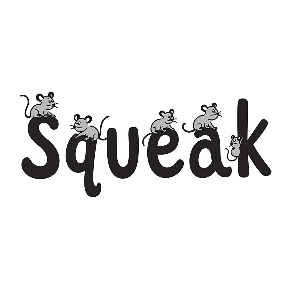 the word 'squeak' illustrated in a playful doodle style with hand drawn text emoji