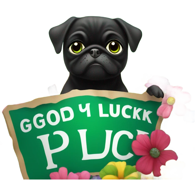 Black pug , surrounded by flowers, holding a green sign that says “good luck”  emoji