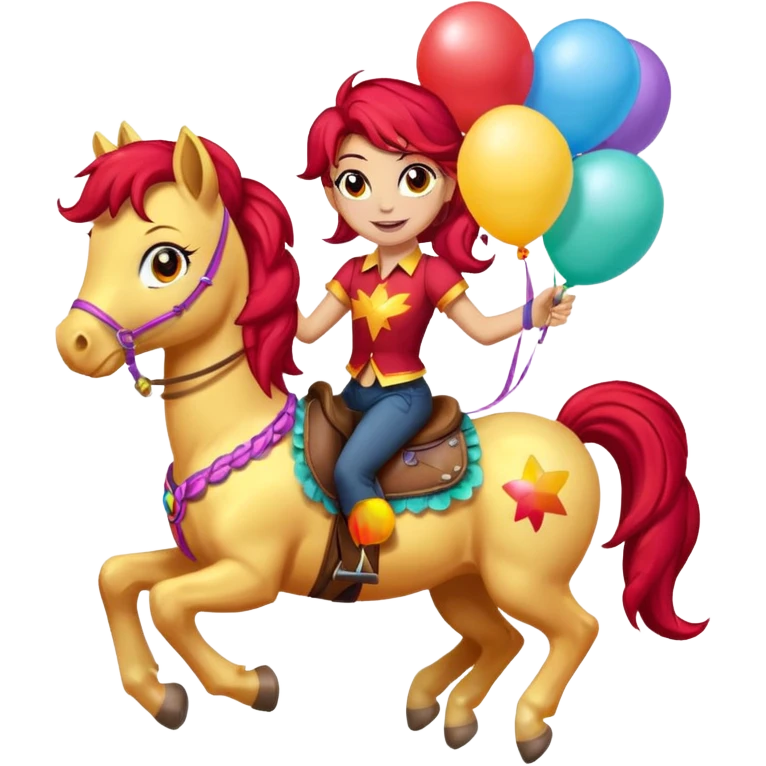 sunset shimmer mlp holding colorful balloons tied to its saddle, looking cheerful. emoji