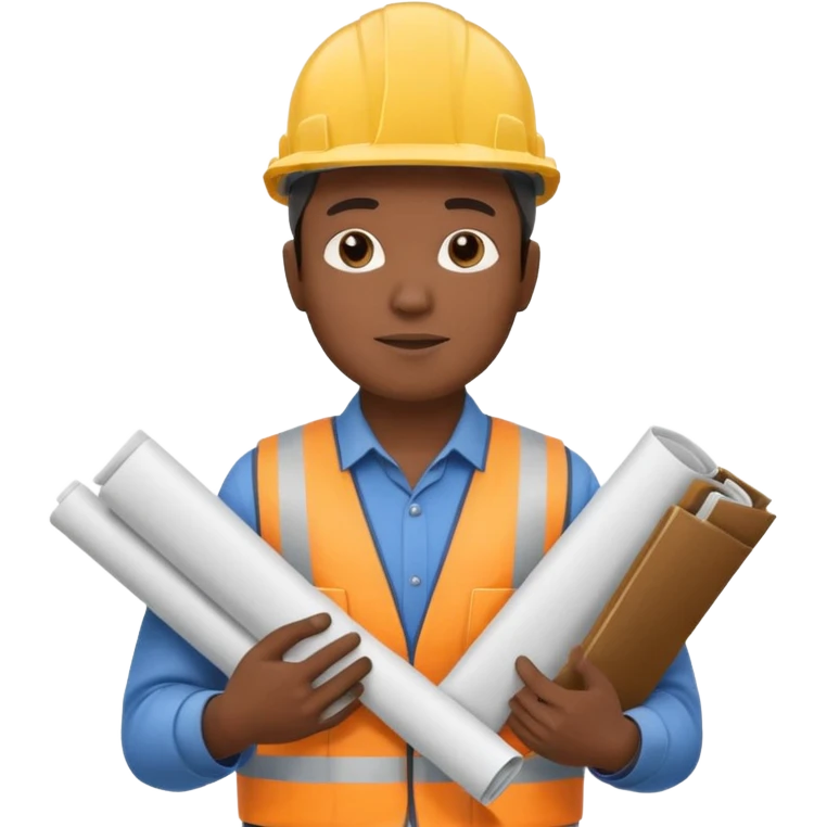Сгенерируй мне индонезийца в чуть рисованном стиле, в каске и с чертежом в руках. По пояс. На однородном фоне. Он строитель emoji