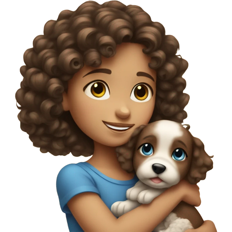 Little brunette girl with curly hair and blue eyes hugging a small puppy emoji