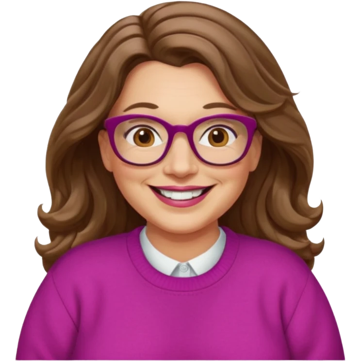 50 yr Caucasian woman, long brown hair parted on side, brown eyes, brown glasses, big smile, white teeth, fuscia sweater, chubby, wavy hair emoji