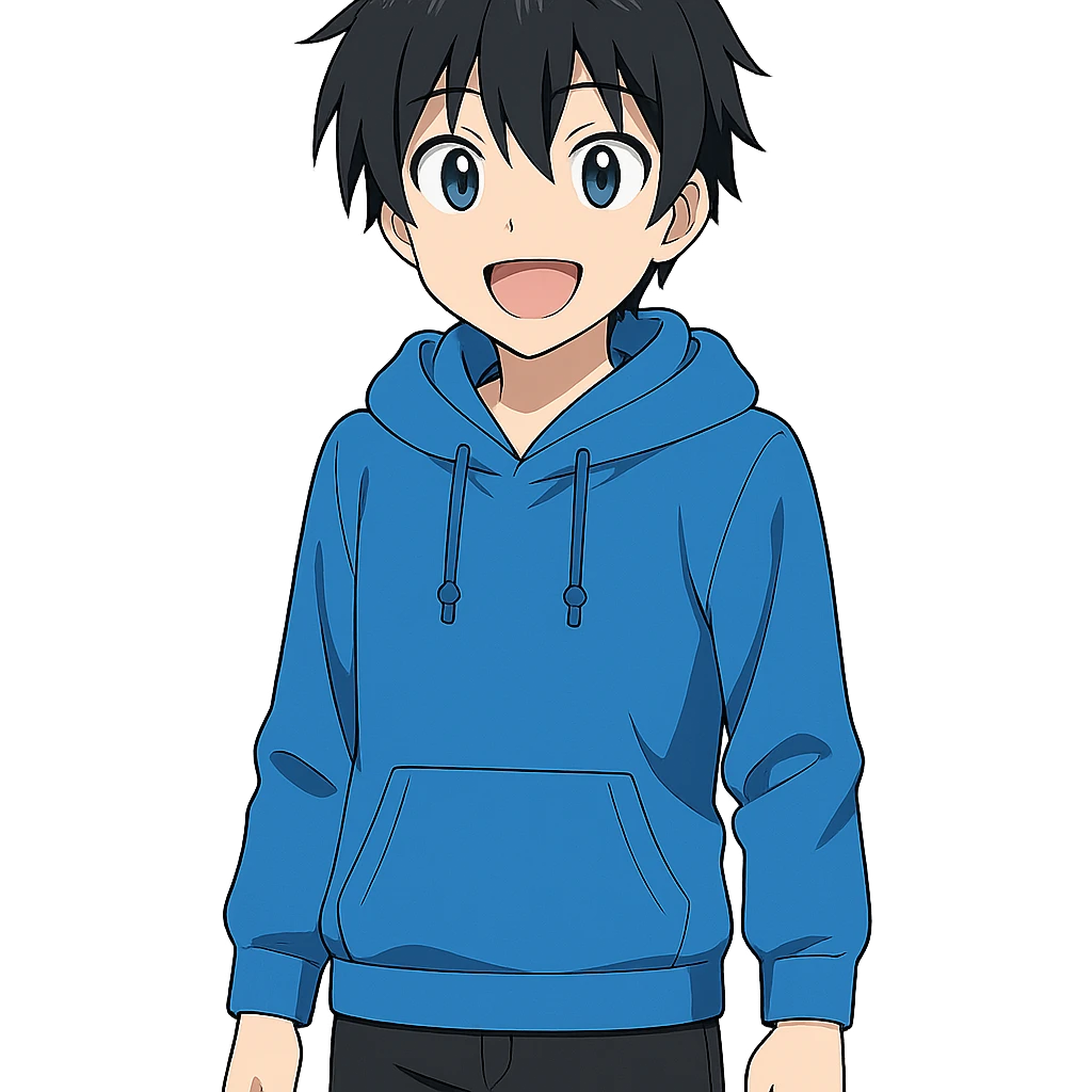 anime character with black hair, blue hoodie, black pants, happy expression emoji