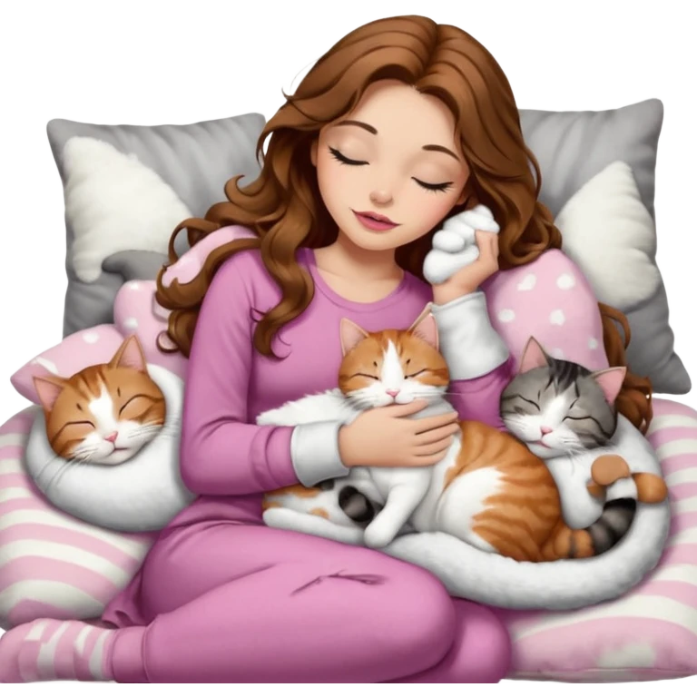 girl with long wavy brown hair, brown eyes, long lashes makeup, sexy pink lips, light to medium complexion,  sleeping on a cozy pillow, with 6 cats: 1 brown and white tabby cat, 1 ginger and white, 2 grey and white, 1 grey with white mittens and small white patch on chest and 1 calico, sleeping emoji
