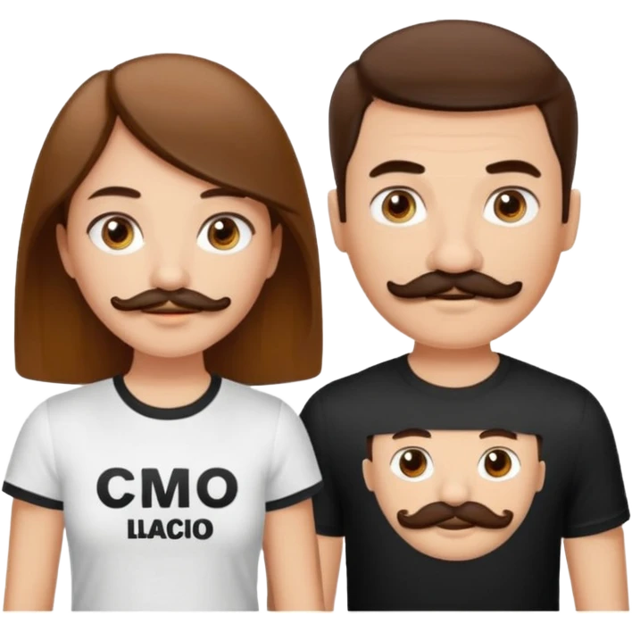 de una pareja , el chico rubio pelo razón ojos marrones con bigote y perilla y piel clara con una camiseta blanca y letras negra en la teta derecha , la chica pelo liso y marrón con un top blanco emoji