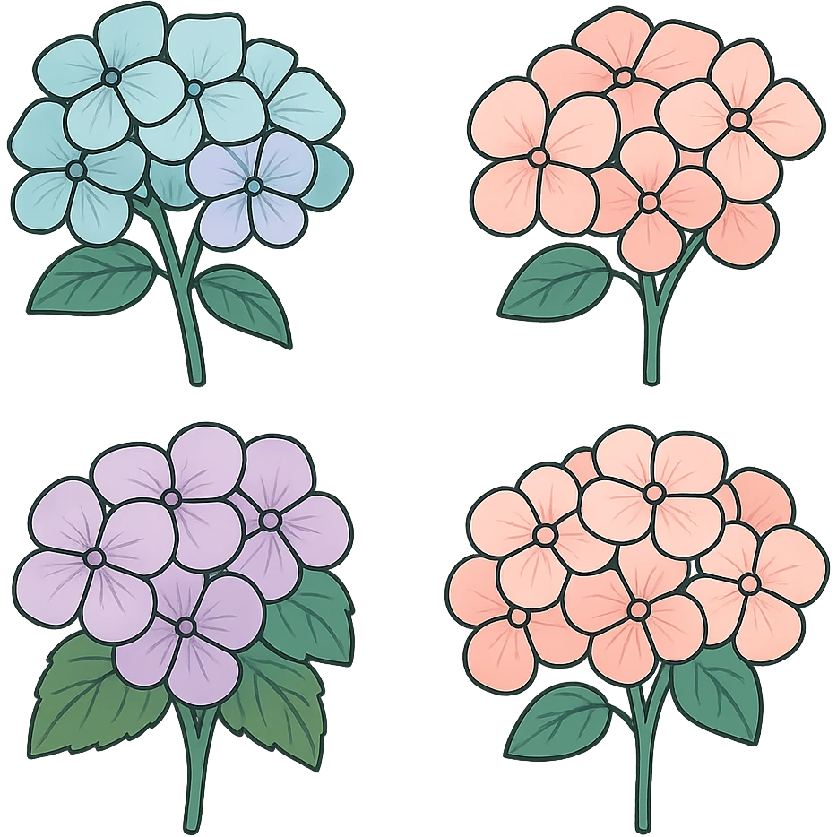 Beautiful hydrangea, detailed with shadows and highlights, in icon-color-outlined style with thin clean outlines and soft rounded shapes. Use a pastel palette #98B5BC, #B5B3C1, #C9A3C9, #E4C0CA, #F7DCD1, #F7C0AA. Transparent background. Inspired by the reference image, focus on detailing the petals and leaves. emoji