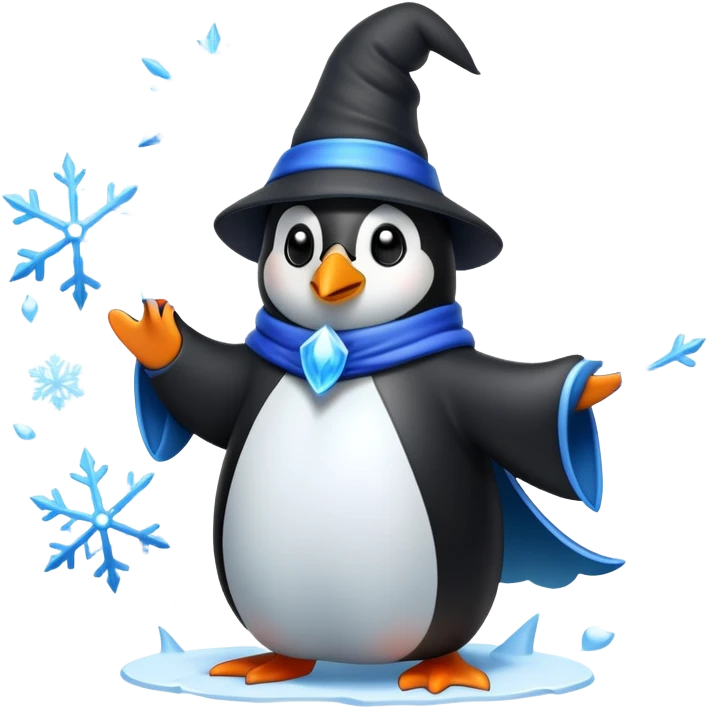 penguin wizard casting an ice spell with snowflakes and frost emoji