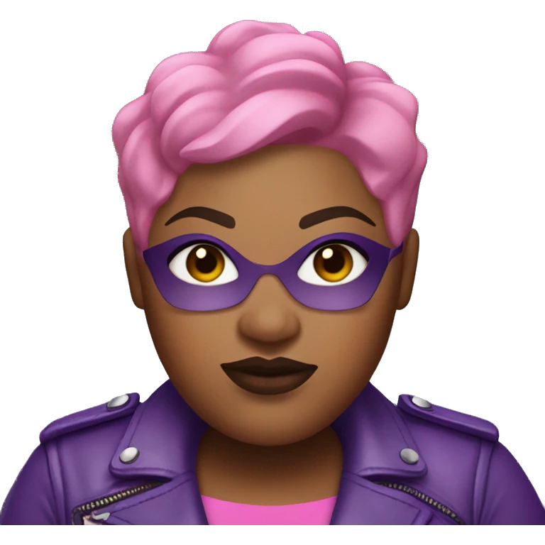 Plus size black woman with extremely short pink hair and a purple leather biker jacket with makeup on face. emoji