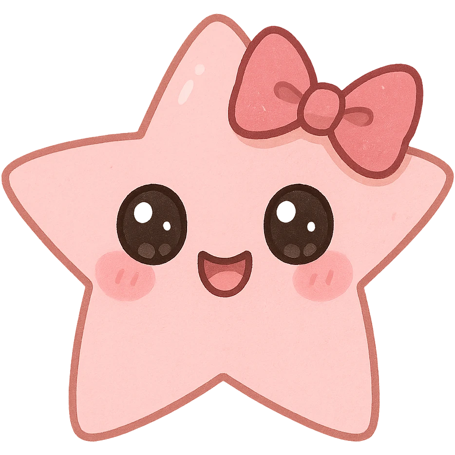 a cute pink star with a bow, original design, big eyes, blushing cheeks, joyful emoji