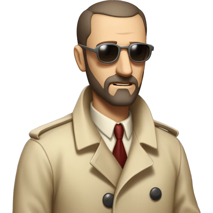 1930s investigator, a Caucasian man with short, buzz cut dark hair and a rough beard, wears tiny red-tinted sunglasses and a dirty beige trench lab coat. He has a serious demeanor. emoji