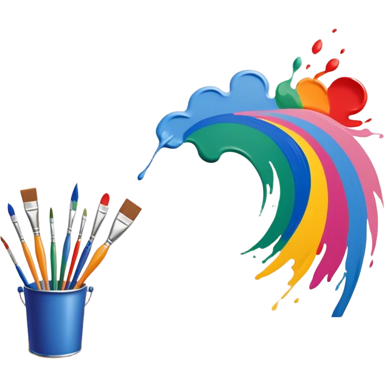 Create an icon that represents the hobby of wall painting without frame, featuring a wall with a beautiful painting in progress. The design should include a paintbrush, a roller, and part of the wall decorated with colorful patterns or a mural. The icon should show the process of creating the artwork, with the brush strokes visible on the wall, symbolizing the artistic nature of the craft. The composition should be balanced and harmonious, evoking creativity and skill. The background should be transparen emoji