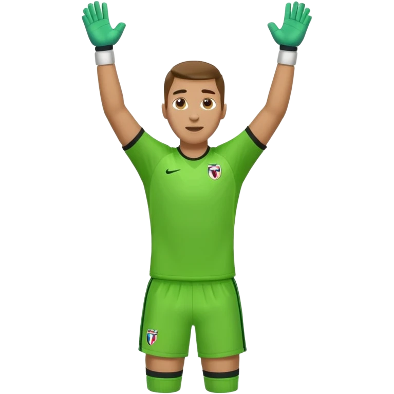 soccer goalkeeper green shirt, shorts, socks, football boots arms up emoji