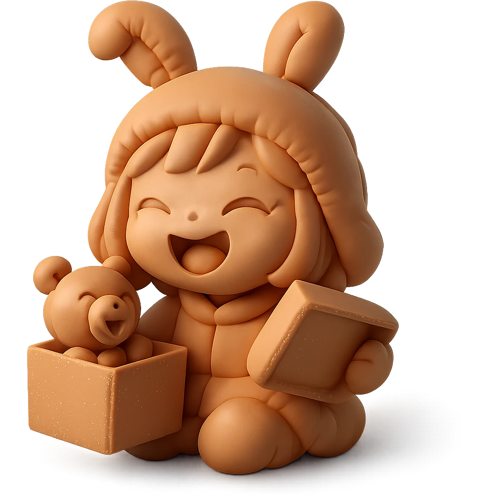 laughing chibi girl in bunny hat opening glittery gift box with laughing teddy bear inside, cushion style emoji