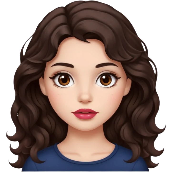 Chica blanca, pelo café oscuro ondulado, con blush y labios pintados, ojos cafés oscuros  emoji
